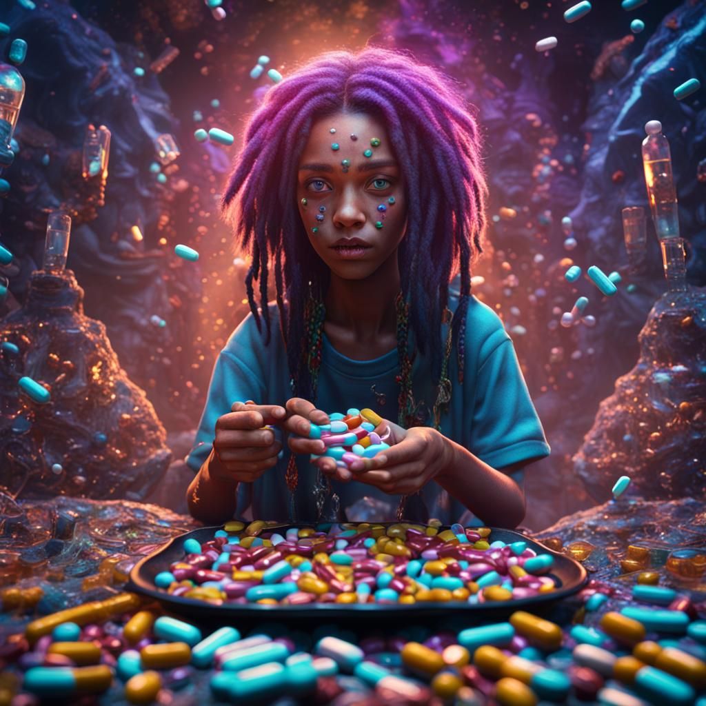 Glowing Psytrance Party Scene with a Young Girl and Luminous...