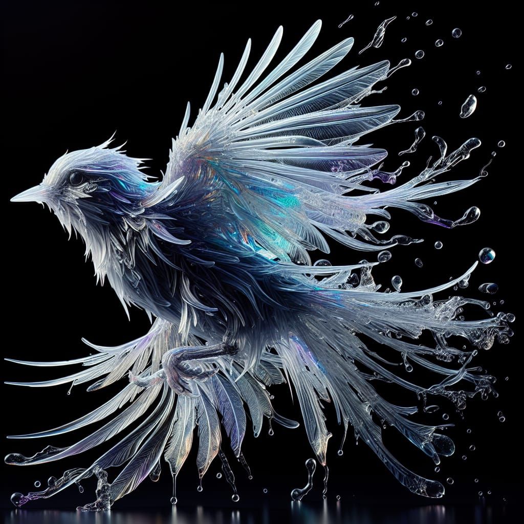 Hyperrealistic Bird in Flight Translucent Water Scene