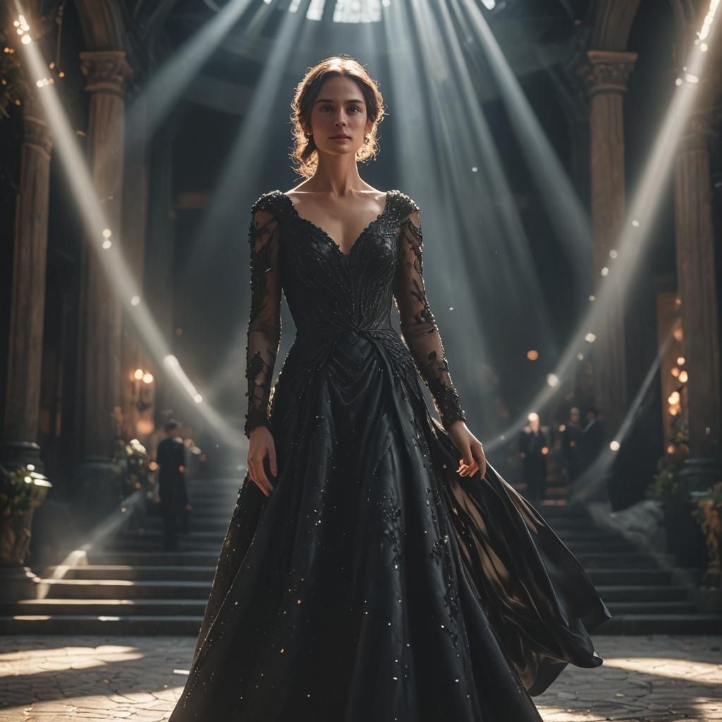 Elegant Woman in Black Gown, Hyperrealistic Portrait with Re...