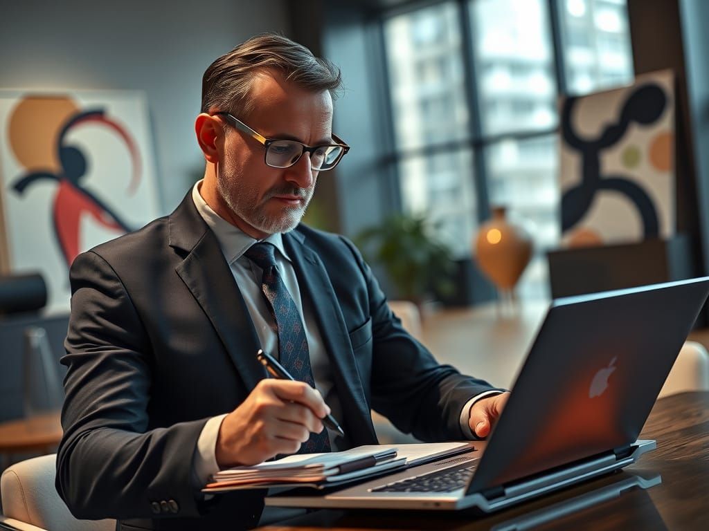 Executive in Tailored Suit Uses Smartphone and Laptop in Mod...
