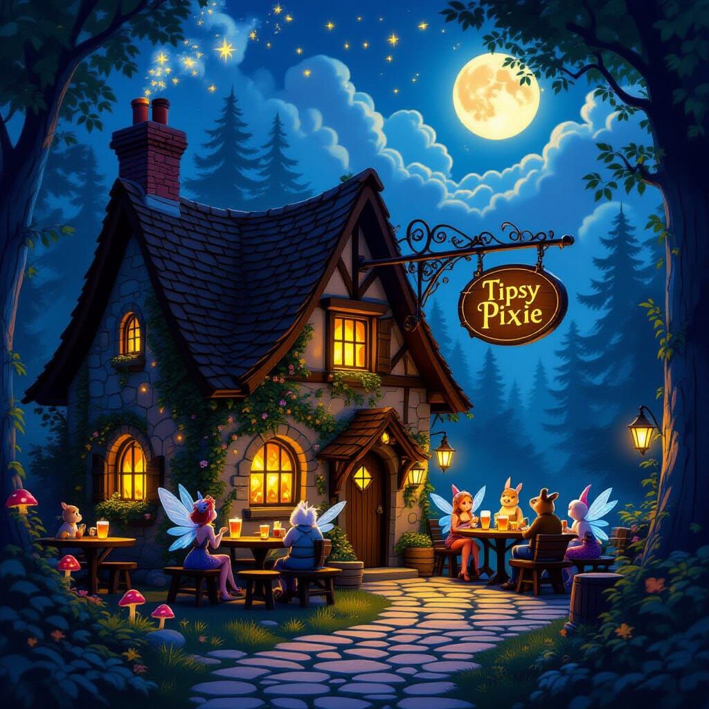 Pixar Style Enchanted Forest Pub 'The Tipsy Pixie'