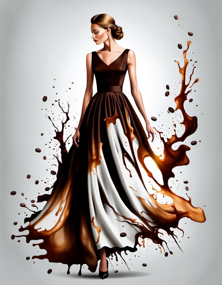 Woman in Elegant Cocktail Gown Emerges from Coffee Stain