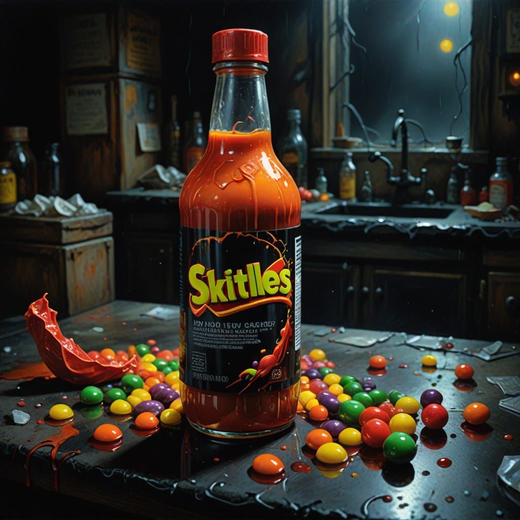Surreal Skittles Hot Sauce Bottle in Dystopian Scene