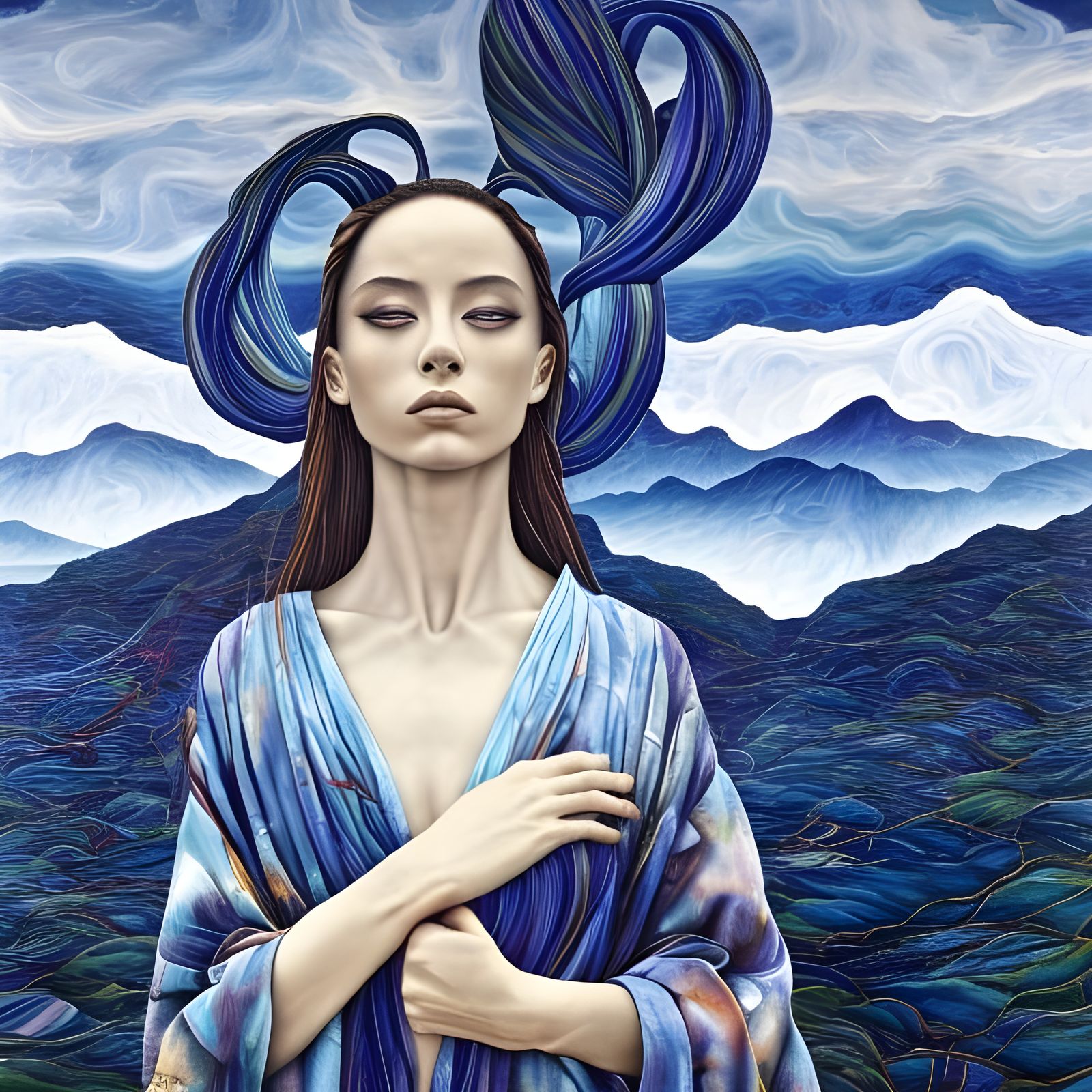 Loneliness in Blue Kimono, Hyperrealistic Painting