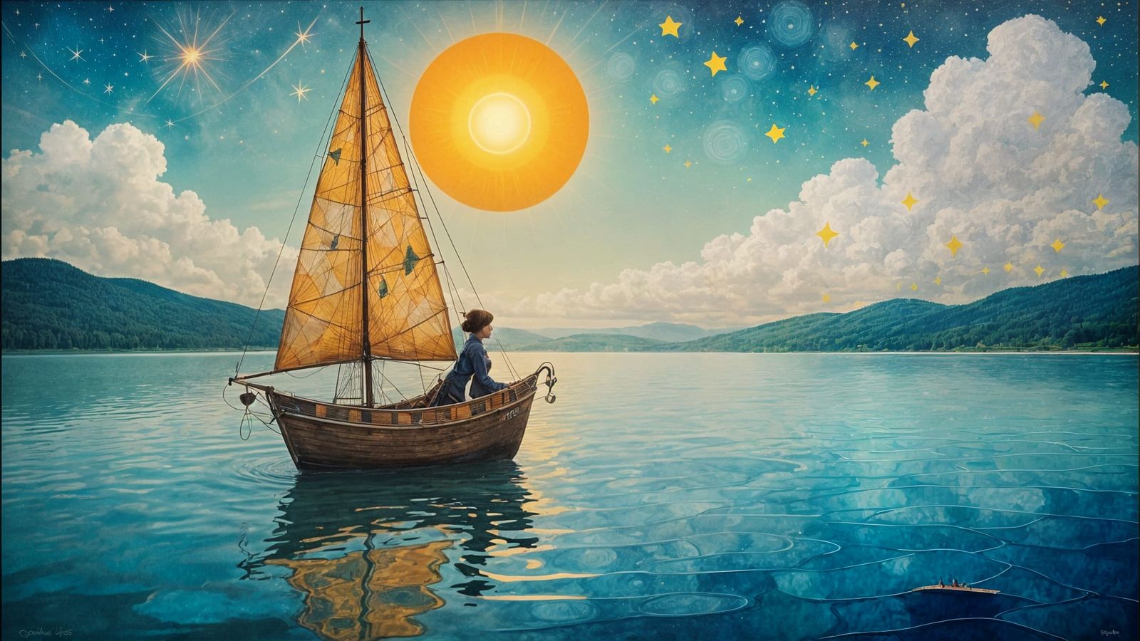 Surreal Woman on Lake at Sunset