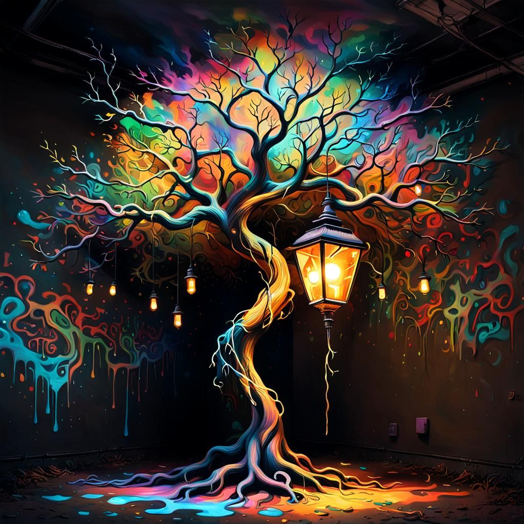 Mystical Tree Lamp Illuminates the Night in Vibrant Oil Goua...