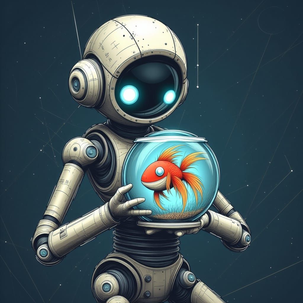 Cute Robot Holding a Fishbowl