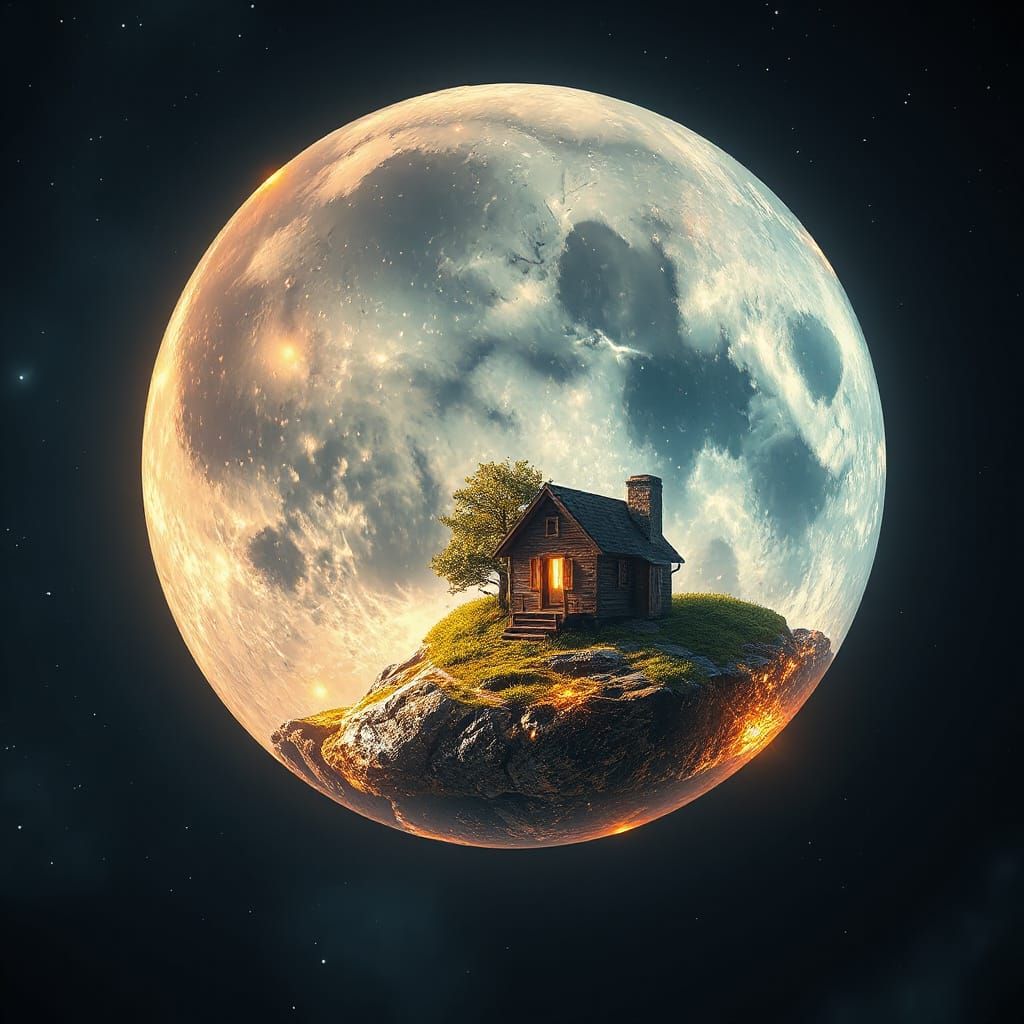 Glass Moon with Cozy House in Surreal Space