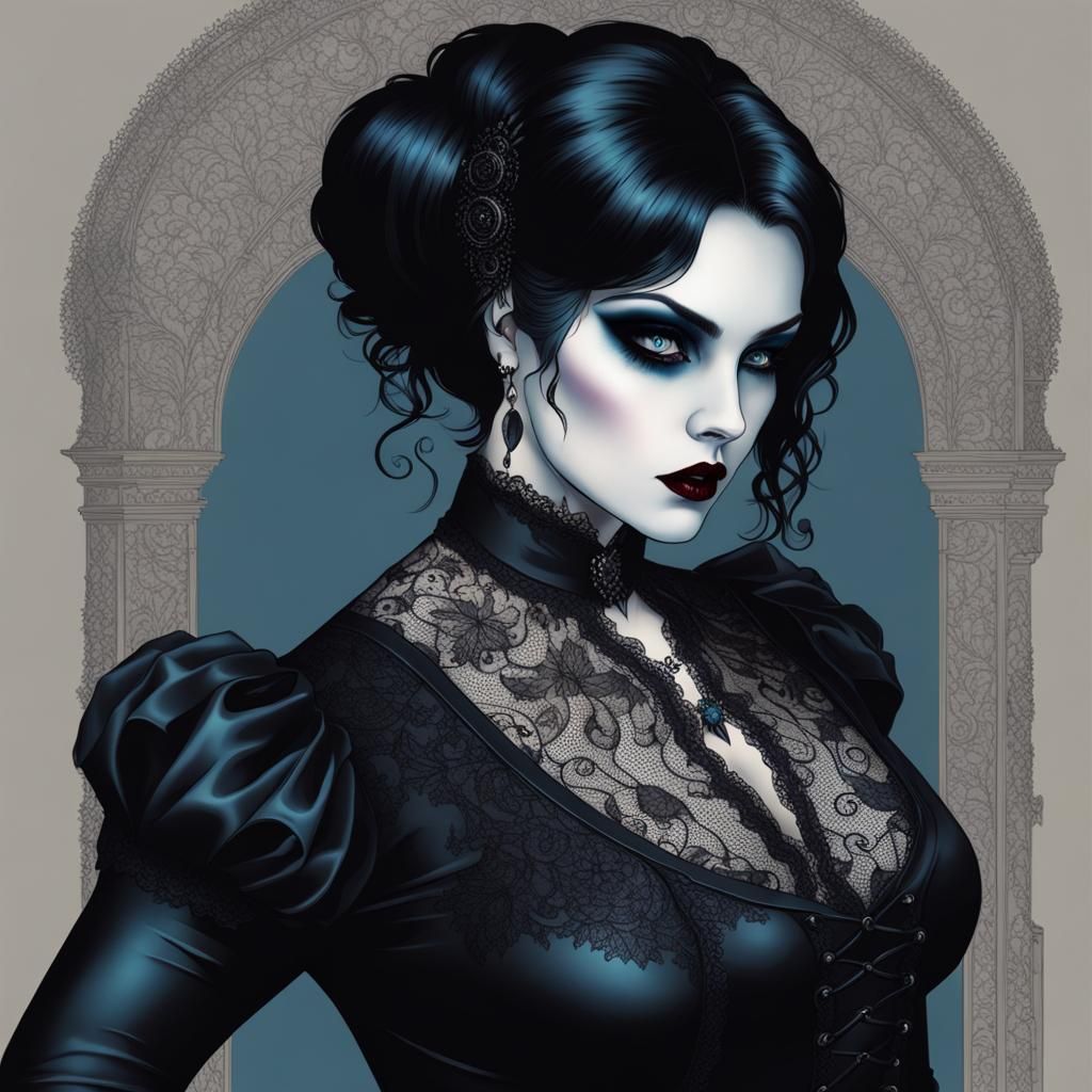 Gothic Vampire Woman in Elegant Black Lace Attire