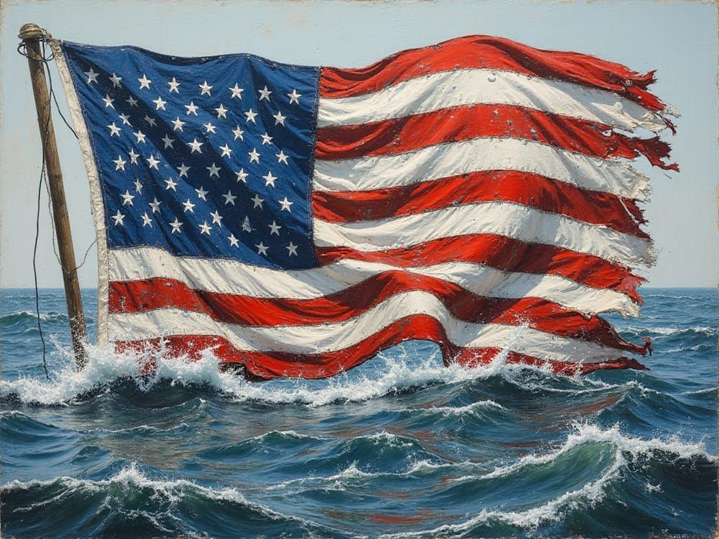 Tattered USA Flag Submerged in Turbulent Sea Water