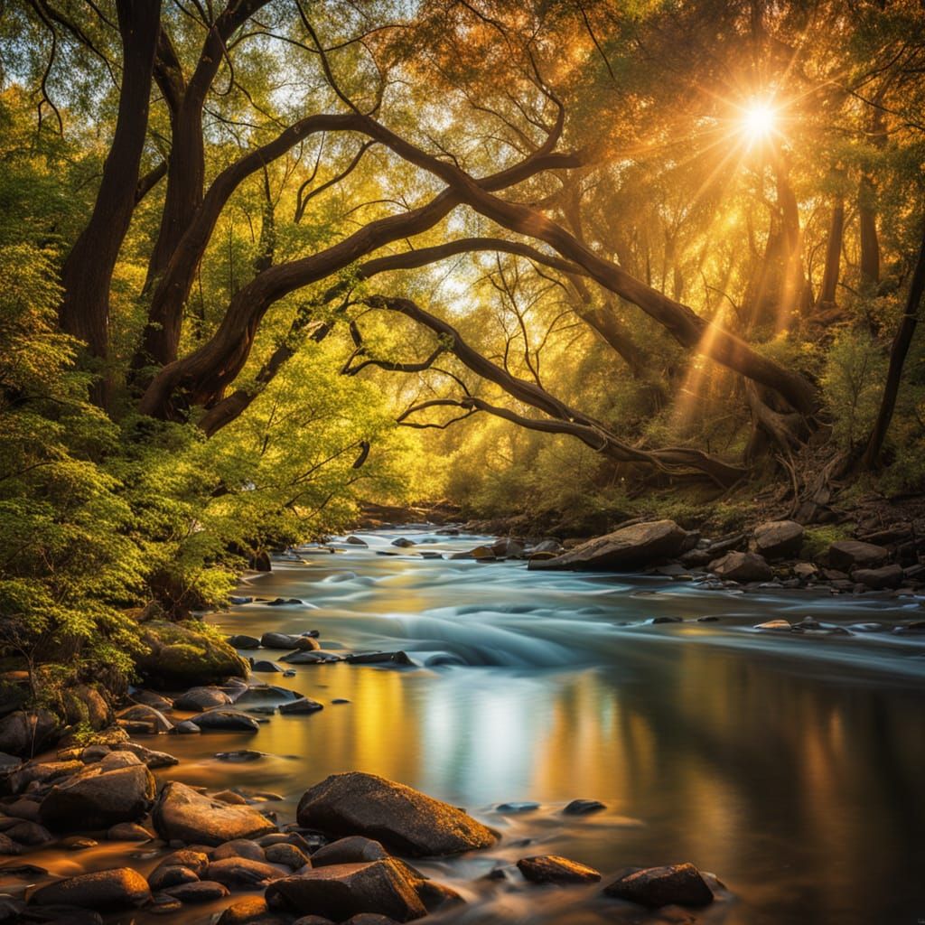 Serene River Landscape with Sunlight Reflections
