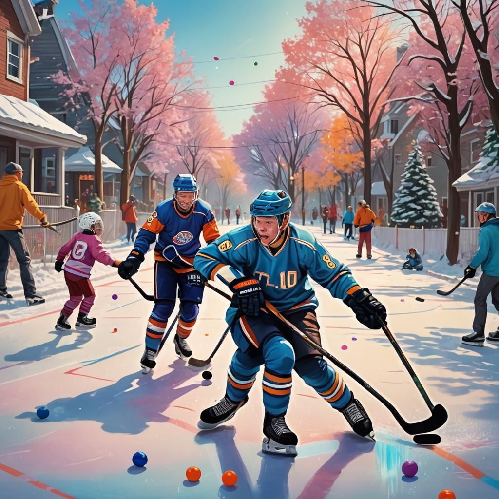 Boy and Father Enjoy Whimsical Candyland Hockey Moment