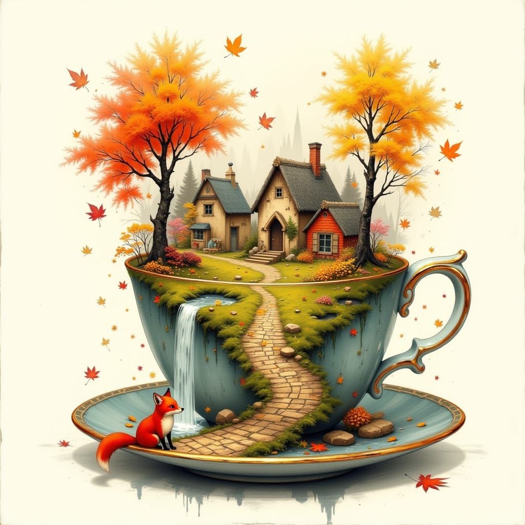 Miniature Autumn Village Inside a Teacup