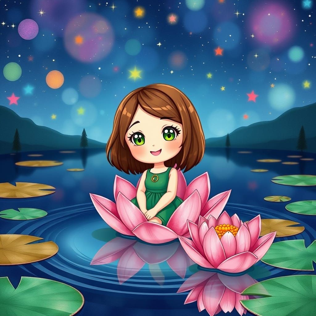 Chibi Girl Blooms in a Serene Lake Scene