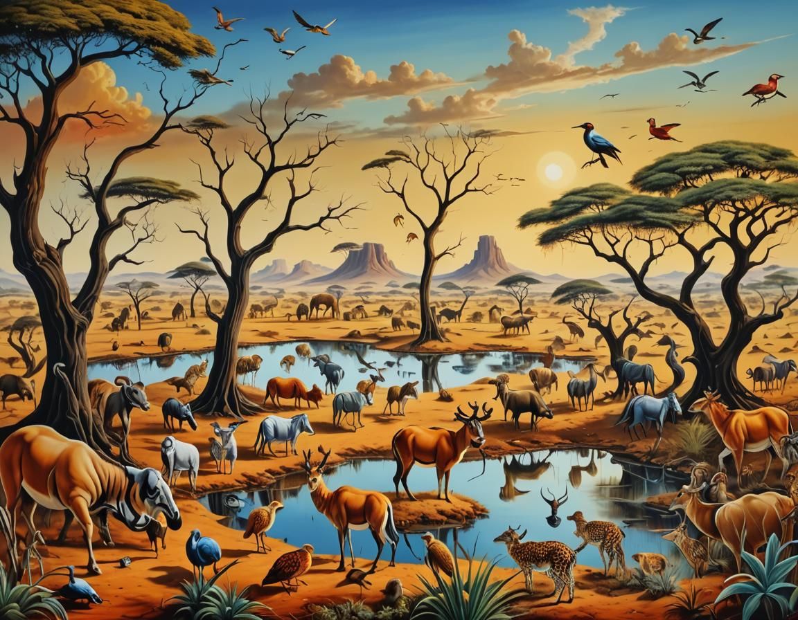 Dreamlike African Savannah Scene with Fantastical Creatures