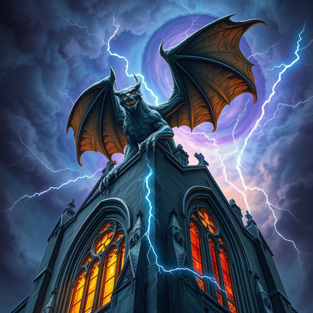 Gothic Gargoyle in Turbulent Lightning Storm