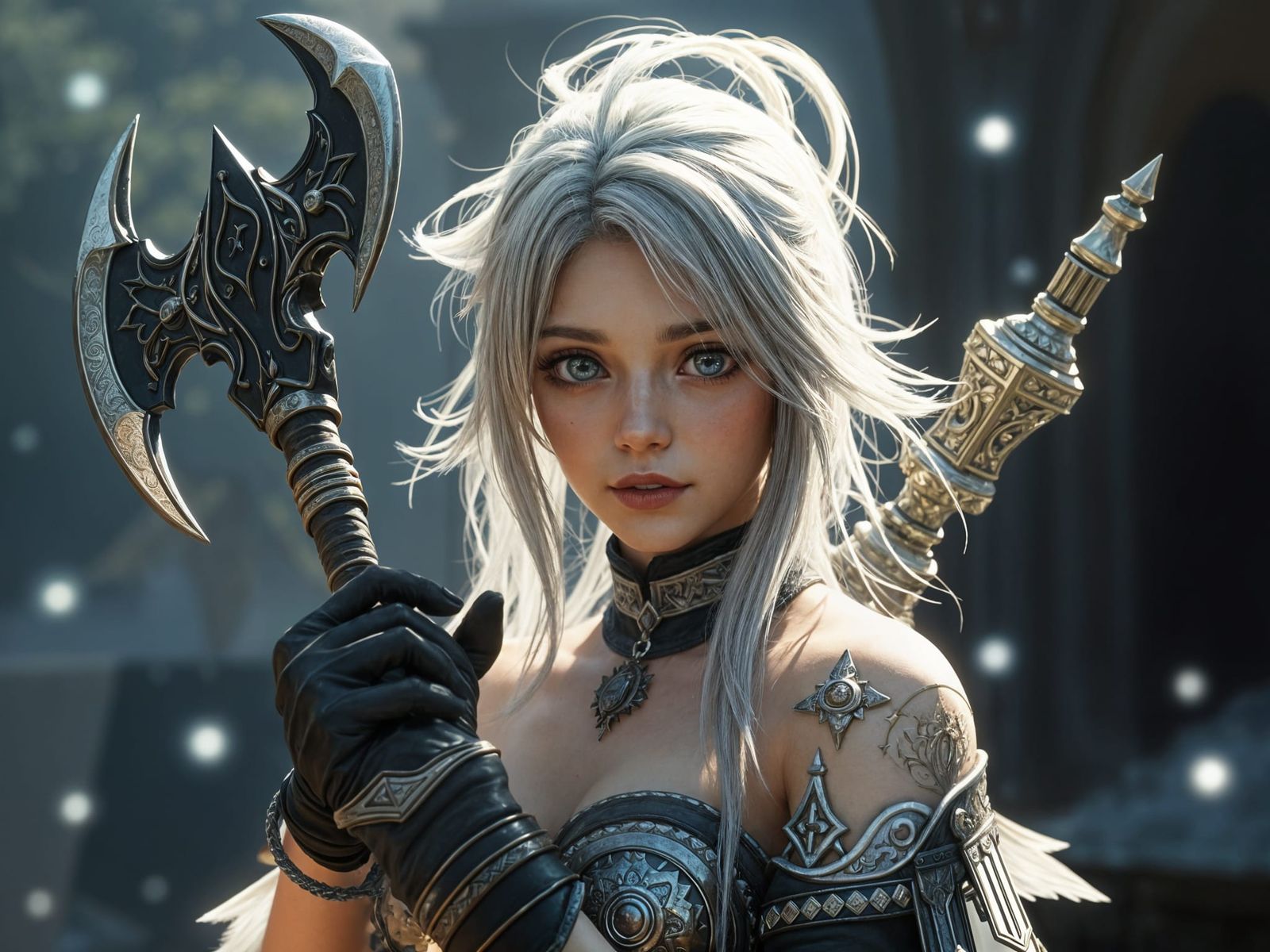 Ethereal Warrior Maiden Wields Battle Axe in Fantasy Realm
