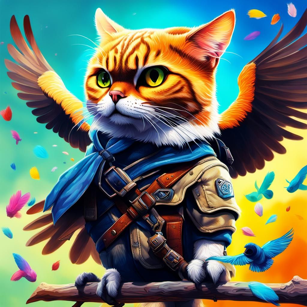 Realistic Cats Chase Hunter Bird in Vibrant Splash Art