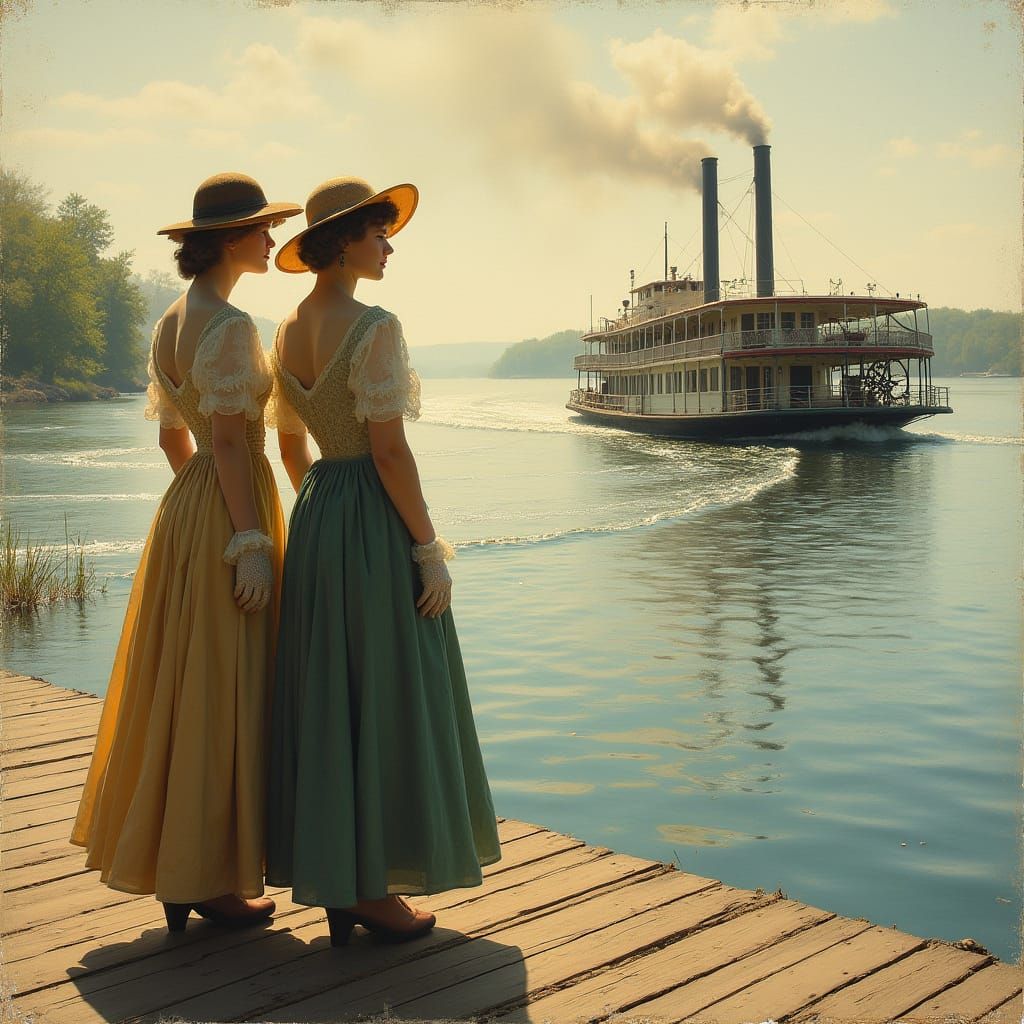 Edwardian Women Admire Majestic Riverboat on Tranquil Potoma...