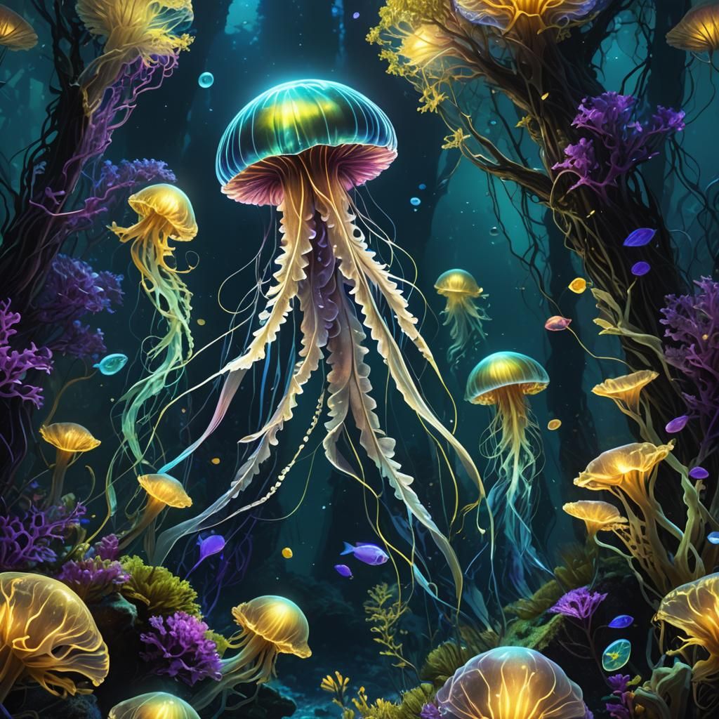 Vibrant Underwater Scene Illuminated by Soft Blue Moonlight