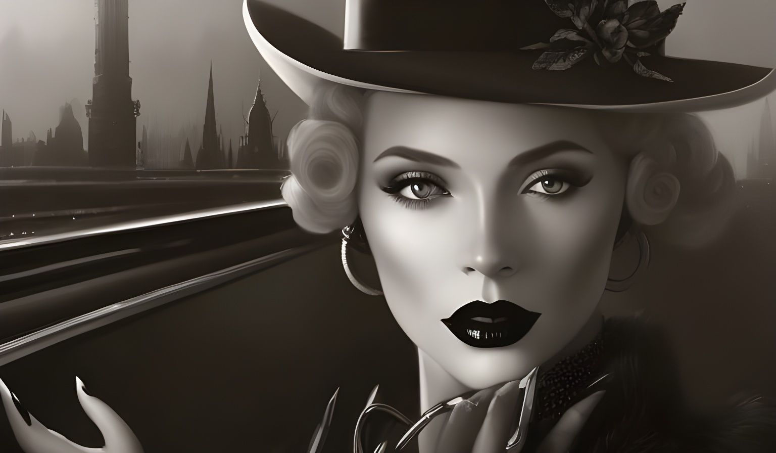 Noir Portrait of Woman in City with Vintage Car