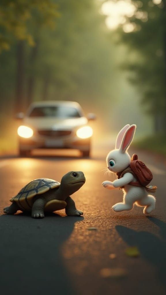 Concerned Rabbit Rushes to Help Injured Turtle in Sunlit Sce...