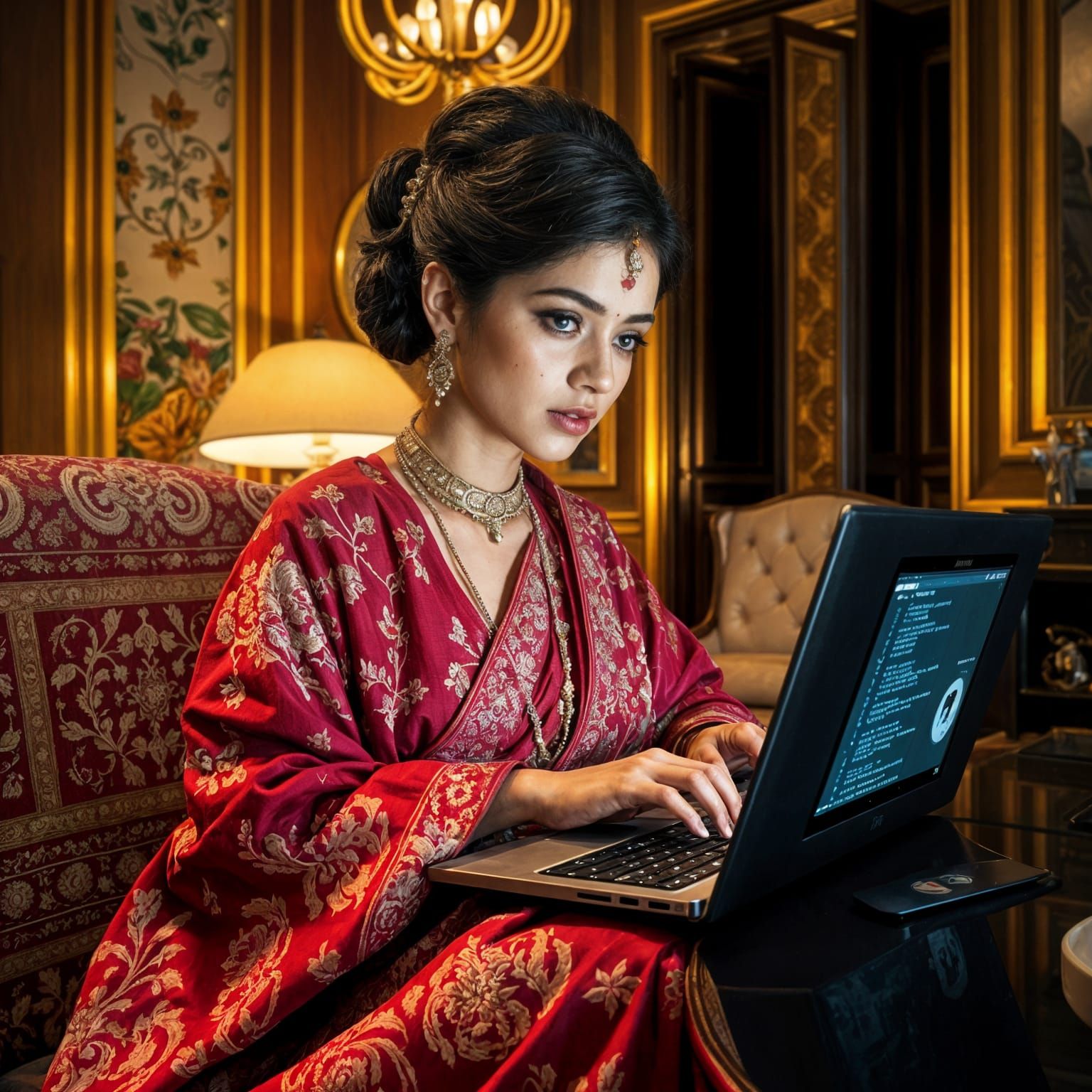 Indian Cyberpunk Hacker in Luxury Hotel Room