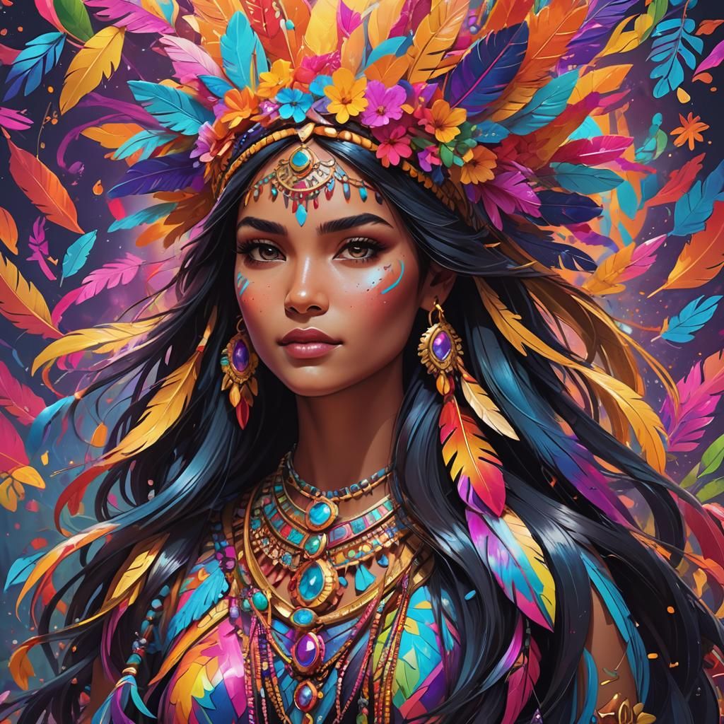 Vibrant Pocahontas Portrait in Triadic Colors
