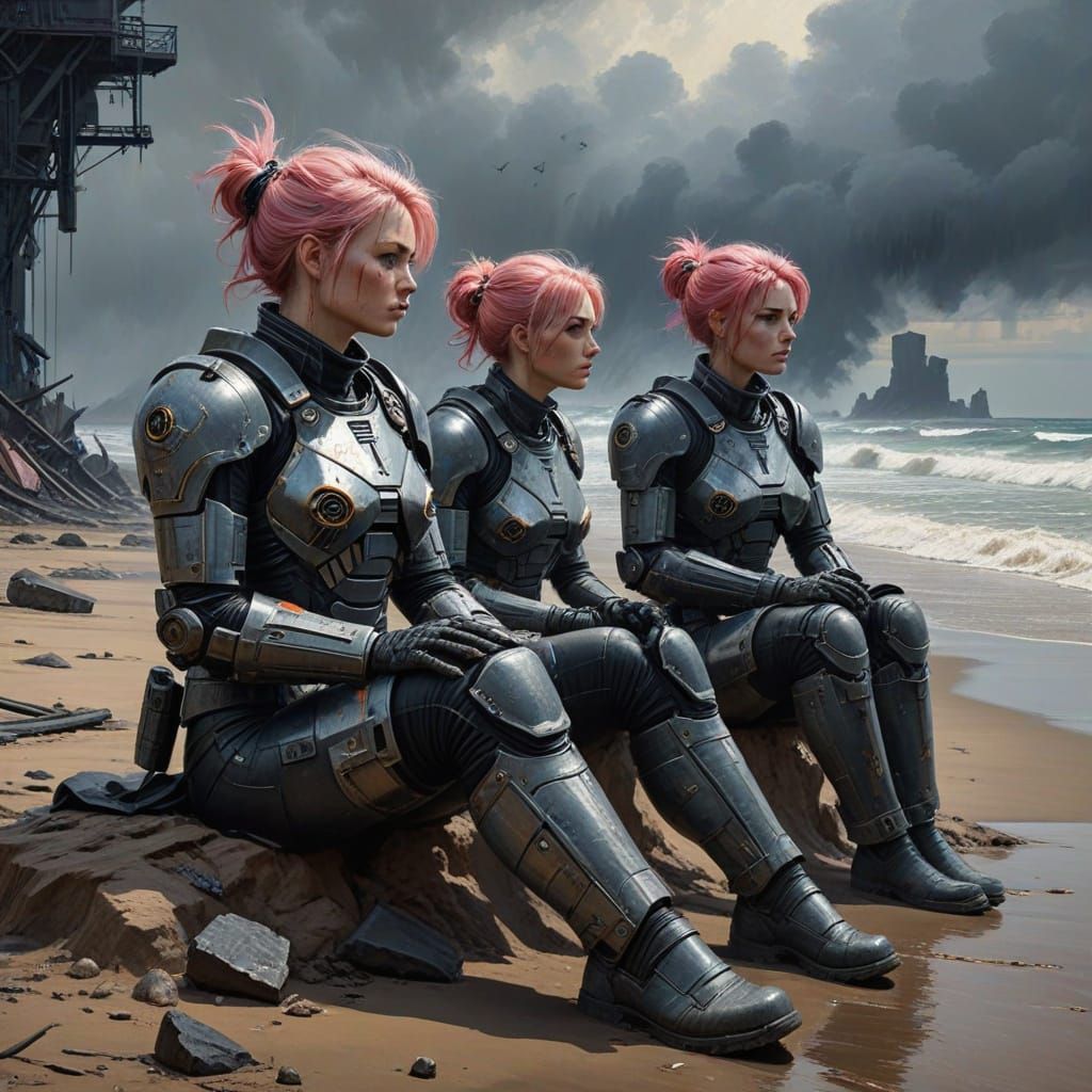 Worn Pink-Haired Warriors on Desolate Shore