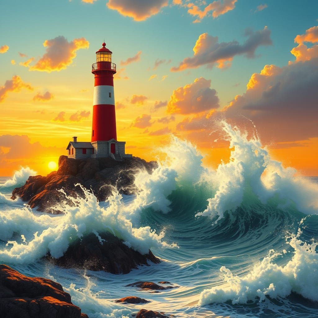 Dramatic Lighthouse Scene at Sunset, Hyperrealistic Seascape