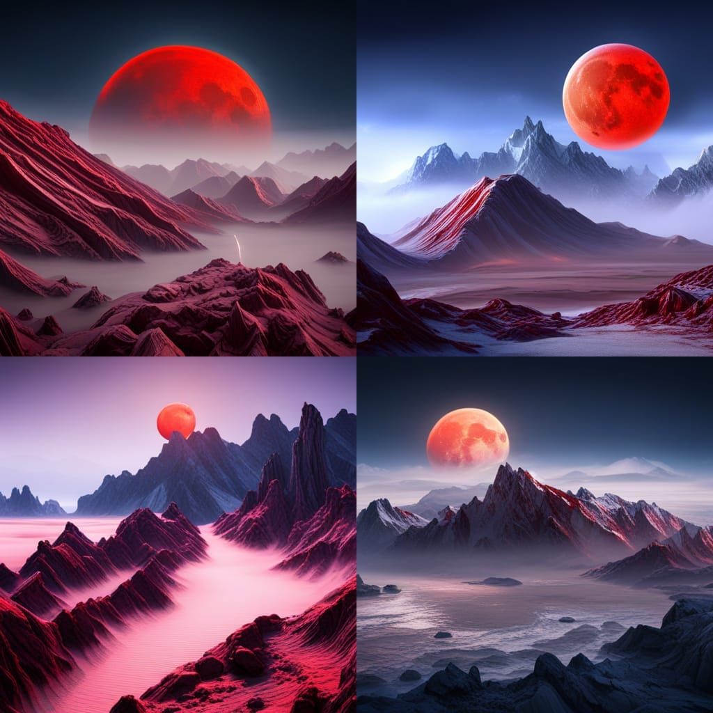 Surreal Red Moon Rises Over Majestic Mountains in Fantasy Co...