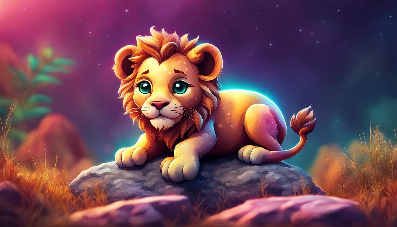 Charming Chibi Lion on a Rock, Smooth Gradient Fur, Happy Sm...