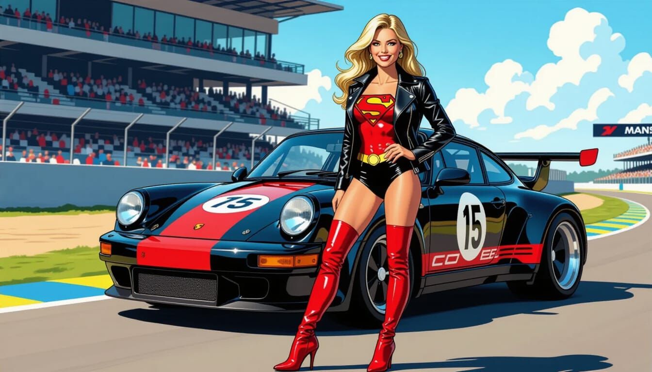 Supergirl and Porsche 917LH at Le Mans