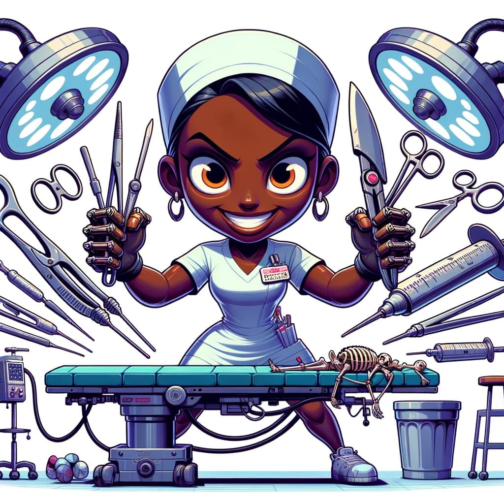 Vector Cartoon Nurse with Surgical Tools in Operation Room