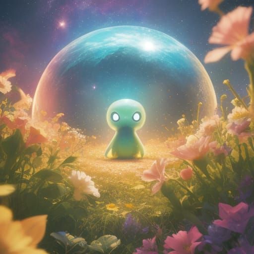 Whimsical Alien Bean in Cosmic Flower Garden