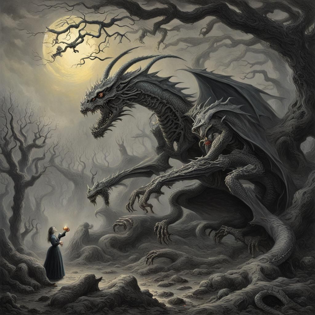 The Steel Dragon Coils around a Woman in a Hellish Landscape