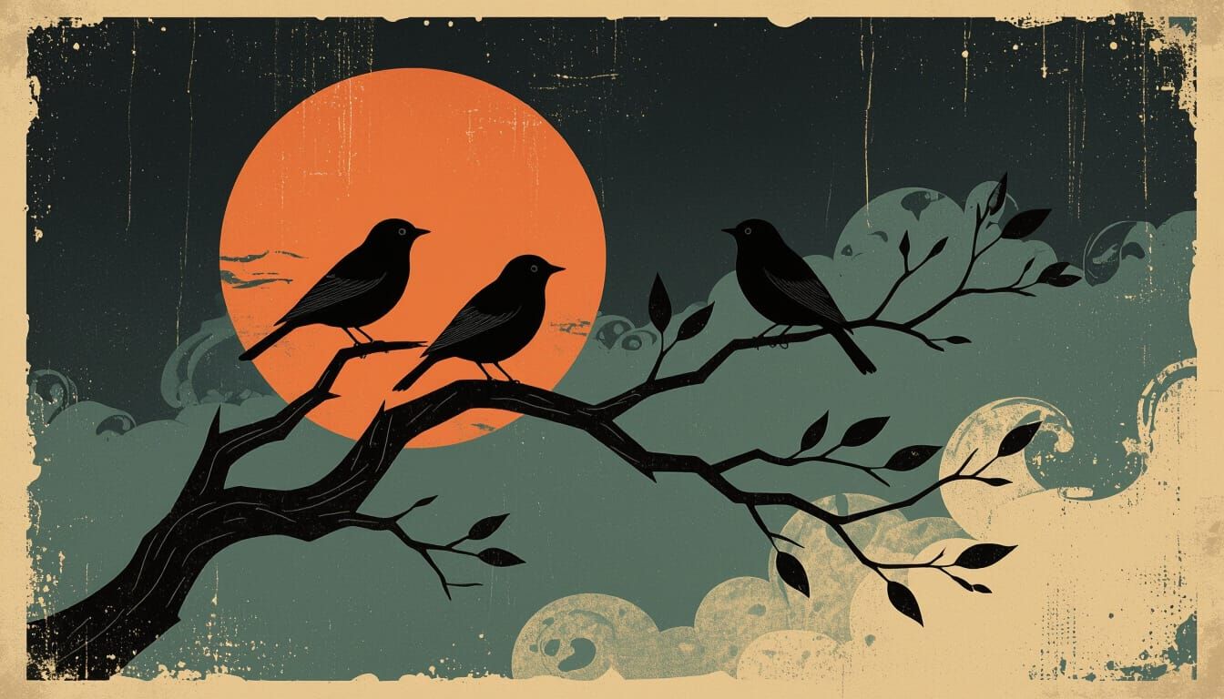 Birds Sing at Dawn in Surreal Vintage Print Style