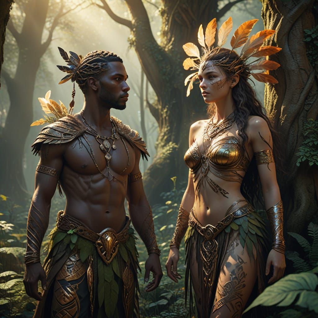 Ethereal Couple Embracing in a Lush Mystical Forest