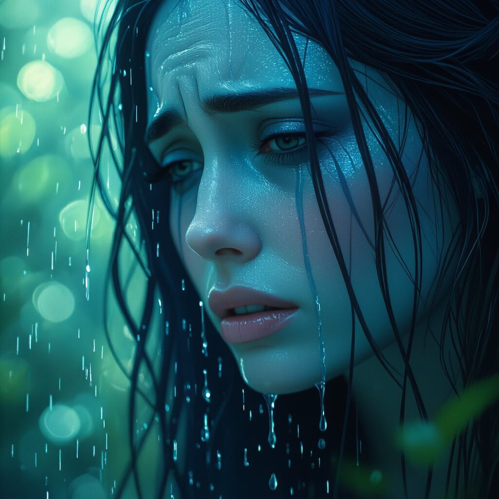 Crying Blue Goddess Portrait in a Cinematic Style