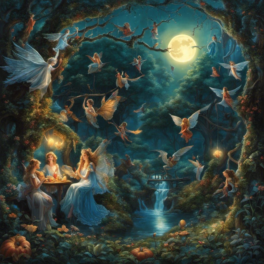 Bioluminescent Angels and Vampires in Fantasy Scene