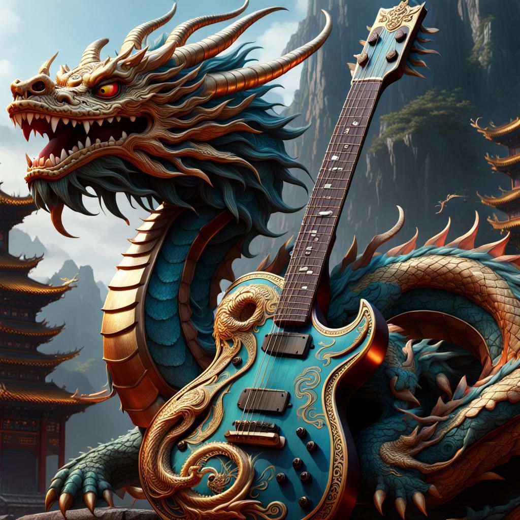 Mystical Chinese Dragon Guitar in Vibrant Fantasy