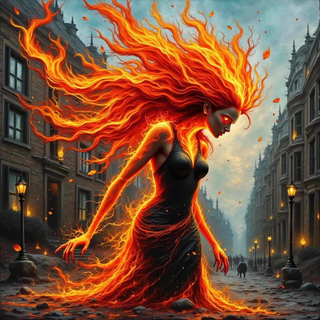 A fire elemental with flaming red hair that is a fire. impas...