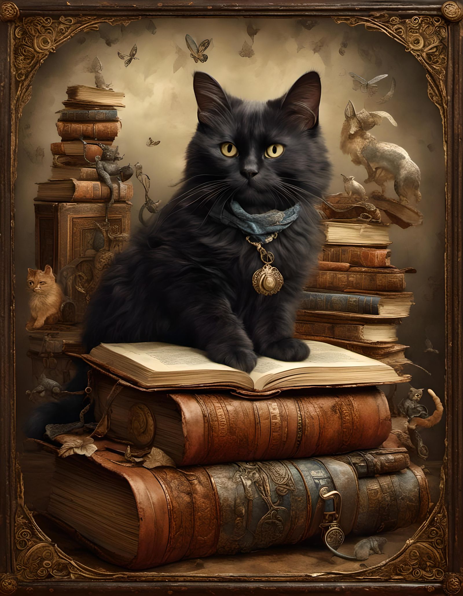 Whimsical Cat in a Bookish Frame