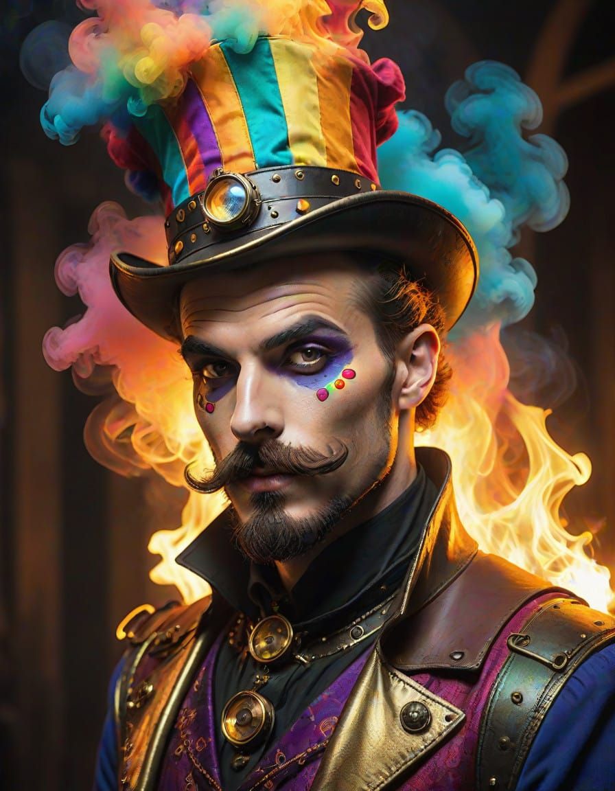 Steampunk Court Jester in Vibrant Medieval Setting