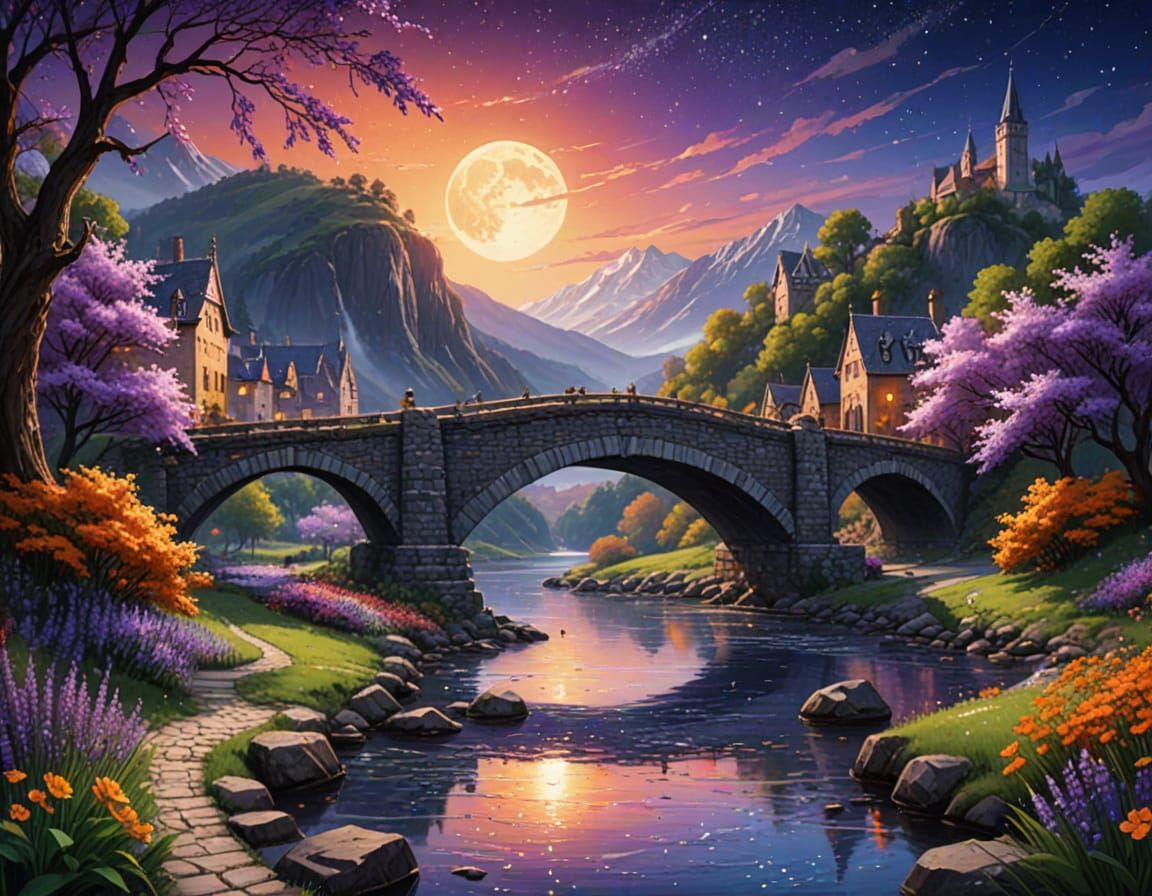 Fantasy Bridge at Night with Starlight and Streetlights