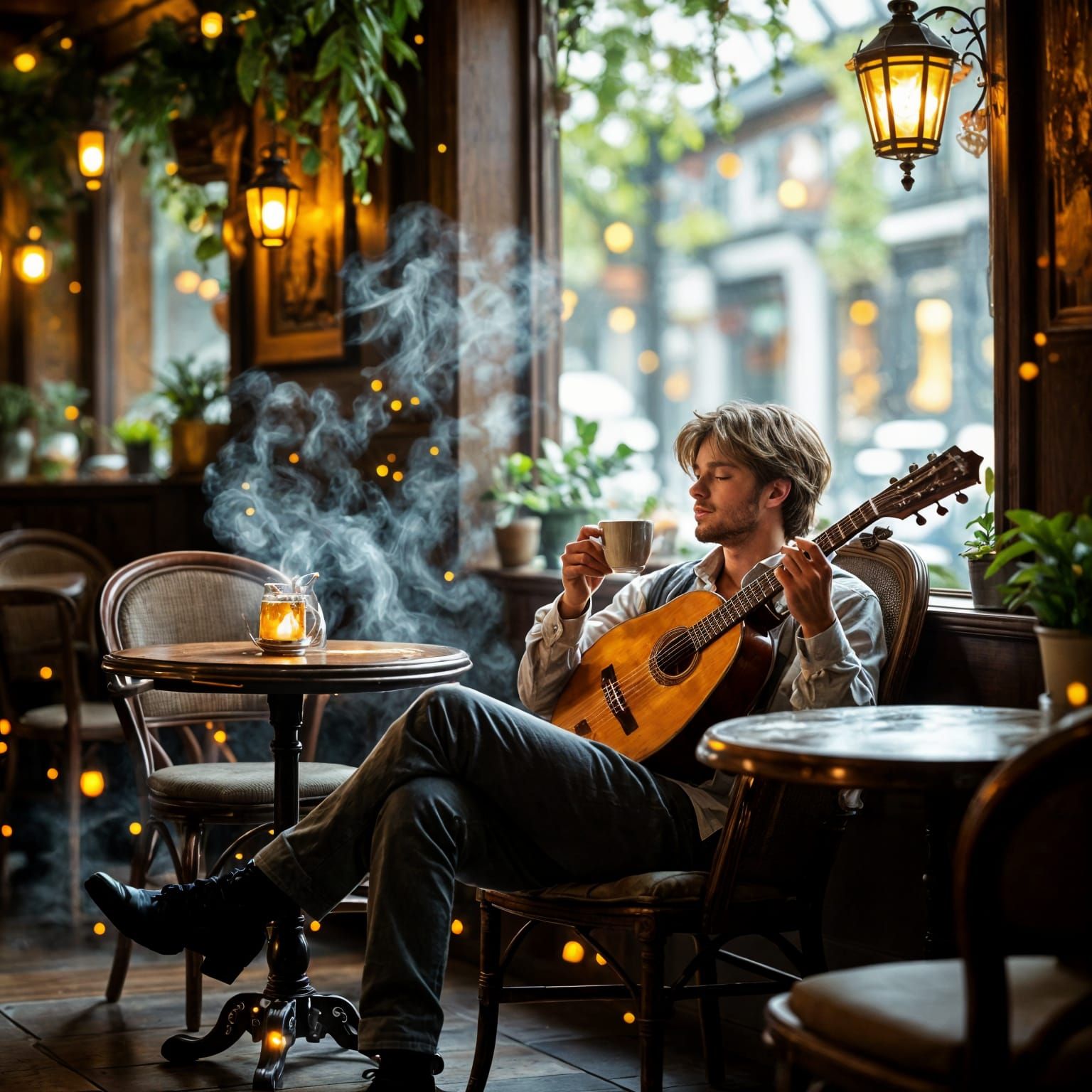 Ethereal Cafe Scene with Floating Chairs and Lute Player