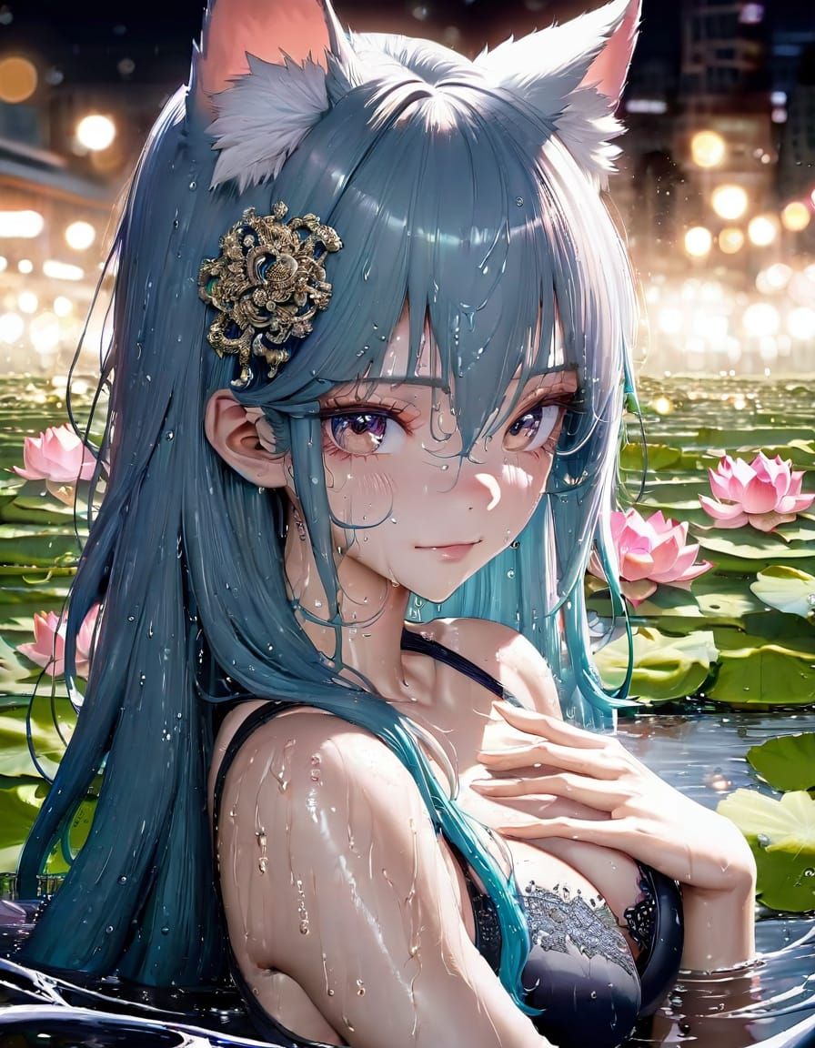 Hyperrealistic Anime Cat Girl in a Lotus Pond