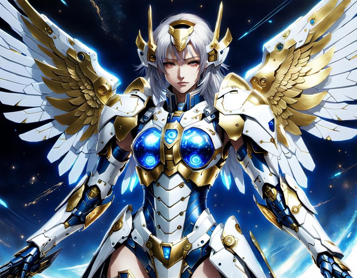 nostalgic female cybernetic angel knight with massive wings made of blue light by gustav klimt, misaki kurehito and luis...