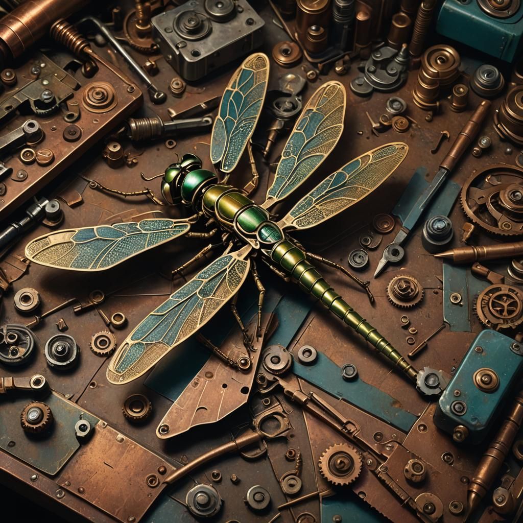 Mechanical Dragonfly on a Mechanic's Table in Earthy Tones