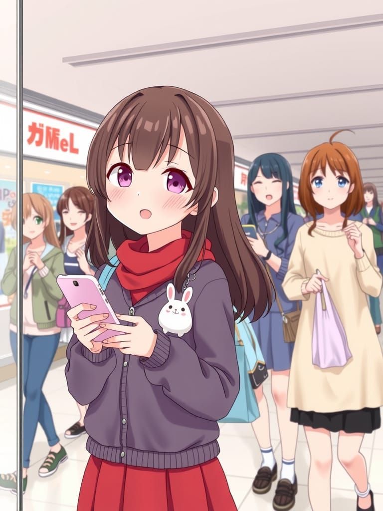 Japanese Schoolgirl Window Shopping with Friends in Anime St...